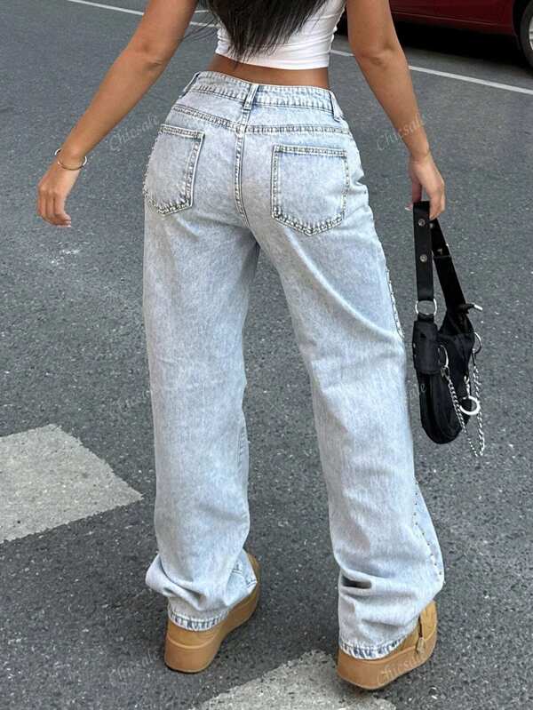 Casual Washed Side Rivet Straight Leg Jeans