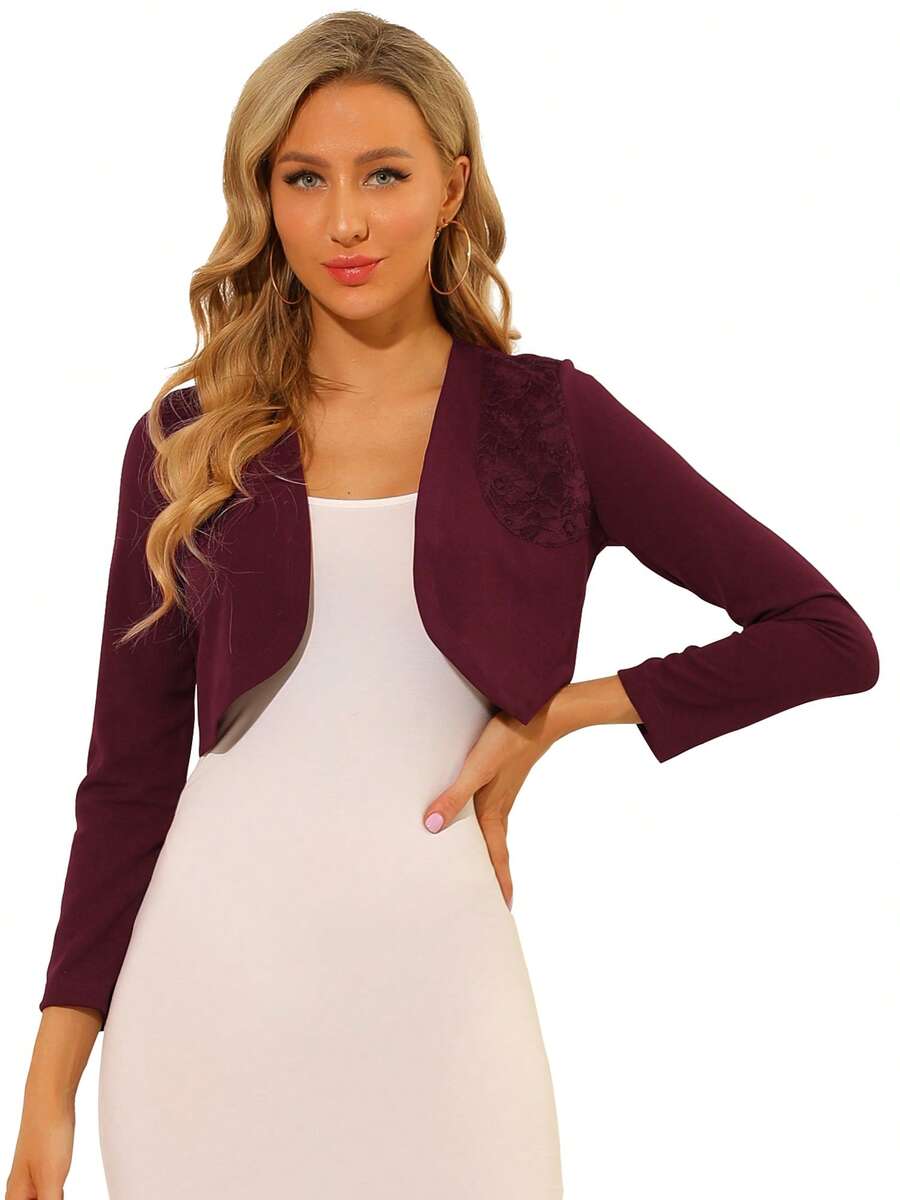 Women's Spring Prom Elegant Bolero Shrugs Lace Insert Business Office Open Front Crop Cardigan - Burgundy - View 1