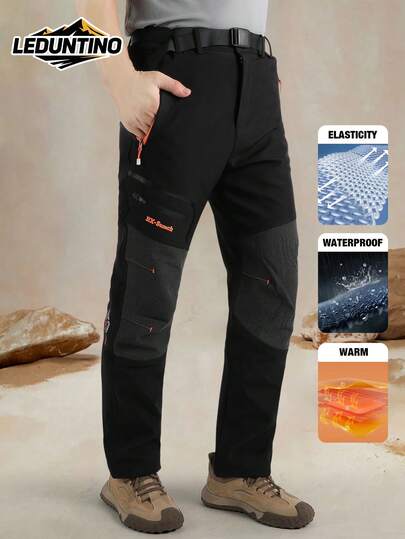 LEDUNTINO Calça cargo masculina de lã grossa com zíper – cor sólida (verde/cinza disponível), cós elástico, resistente ao vento para outono/inverno, design com estampa de letras em blocos de cores e vários bolsos, perfeita para uso diário e ao ar livre, presente ideal para namorado, calças masculinas de primavera/outono.