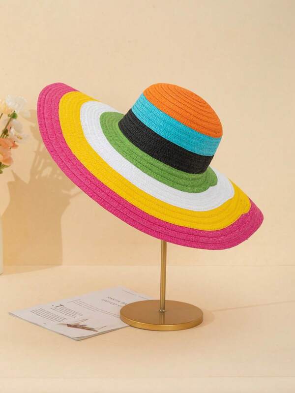 1pc Colorful Brimmed Sun Hat, Cute & Sweet Beach Sunhat Suitable For Children & Teenagers, Daily Outing, Beach Resort Sunproof, Summer Gift, Dopamine Outfit, Parent-Child Match