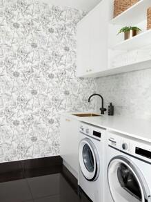 1 Roll Simple White Flower & Butterfly Botanical Print Home Decor Wallpaper, Indoor Renovation Wallpaper, Minimalist Floral Leaf Design Self-Adhesive Waterproof Oil-Proof Sticker For DIY Furniture Cabinet Decoration
