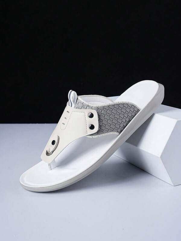 Men's Casual Leather Splicing Slippers, Fashion Breathable Flip Flops For Spring/Summer