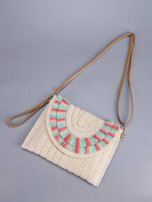 简约休闲纯色草编手拿包，女士时尚便捷流苏装饰草编斜挎包，夏季旅行必备翻盖草编单肩包，首选包型，适合度假、约会、购物、沙滩、海边、游轮、送礼、日常、节日。 - 彩色 - 查看 4