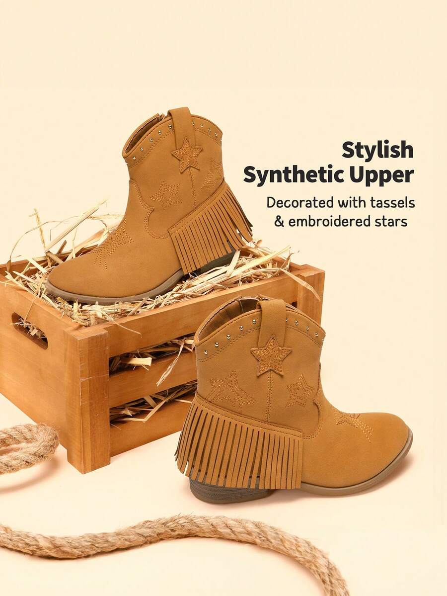 Girls Cowgirl Cowboy Ankle Western Boots Side Zipper Riding Shoes With Tassel Little Kid/Big Kid - Cà phê nâu - Xem 1