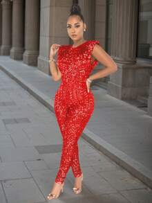 Women's Glamorous Sleeveless Sequins Backless Long Party Jumpsuit With Zipper, High Stretch Fabric For An Alluring Look,Sleeveless Round Neck Sequined Waist Cinching Jumpsuit,Fall Women Clothes ,Winter Jumpsuit Women,Halloween Costume,New Year Clothes