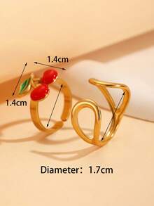 2pcs Stainless Steel Geometric Cherry Fruit Rings For Women, Suitable For Daily Wear/Summer Vacation - Yellow Gold - View 7