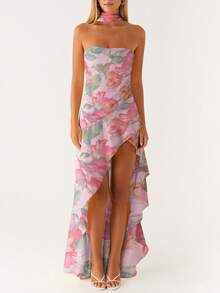 Women Cute Floral Print Tube Strapless Midi Ruffle Dress With Scarf Y2k Asymmetrical Mesh Backless Flowy Long Dresses Beach Vacation Sundress - 紫色 - 查看 1