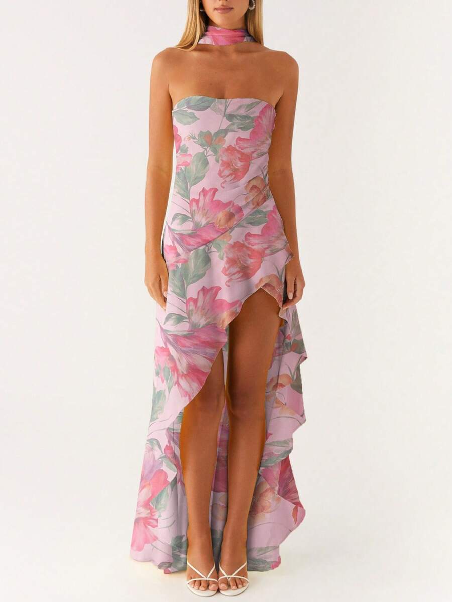 Women Cute Floral Print Tube Strapless Midi Ruffle Dress With Scarf Y2k Asymmetrical Mesh Backless Flowy Long Dresses Beach Vacation Sundress - 紫色 - 查看 1