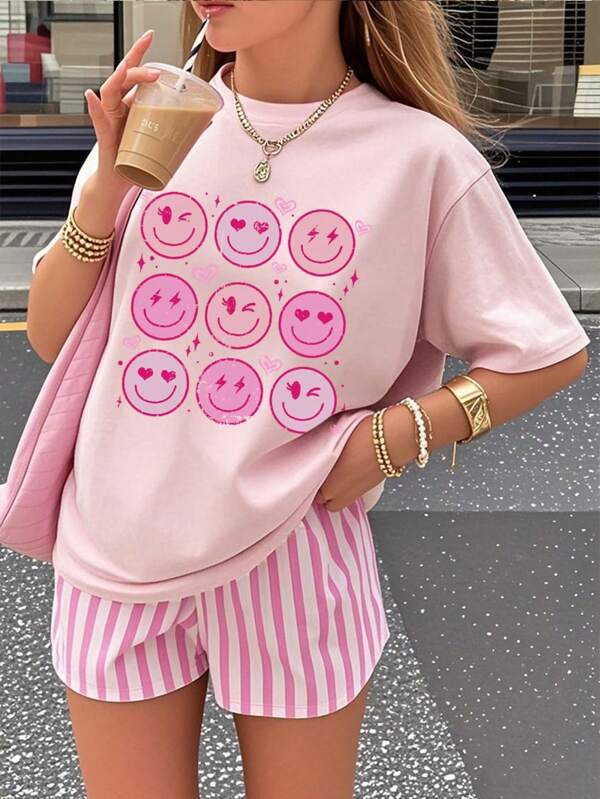 1pc Girls Teens Heart & Smiling Face Print Short Sleeve T-Shirt, Comfortable & Fashionable Summer Top For Students & Young Girls