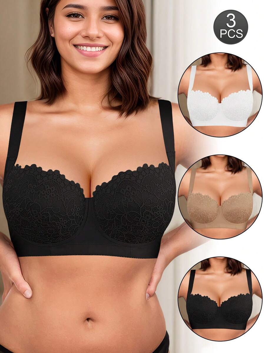 MIMILEMON 3 Packs Multi-Color Lace Comfortable Versatile Women's Underwear Push-Up Bra - Multicolor - View 1
