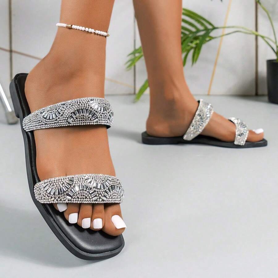 Giày sandal đế bệt mũi tròn đính đá PU màu đen hai dây thời trang dành cho nữ, quai đôi, đi nghỉ mát - màu đen - Xem 1
