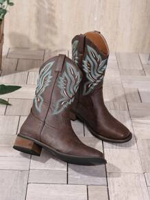 Women's Chunky Heel Slip-On Embroidered Coffee Brown Western Boots, Square Toe Mid-Calf Boots, Fashion Versatile Cowboy Boots For Autumn/Winter, New Design Short Brown Wooden Heel Cowgirl Boots