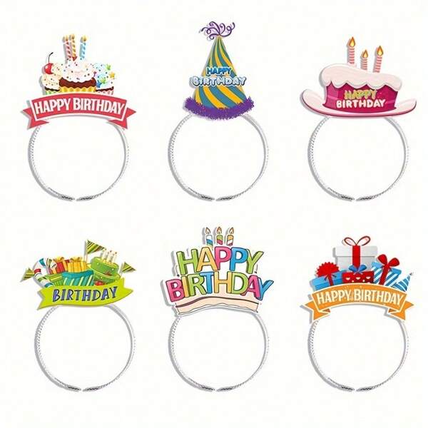 6pcs Paper Happy Birthday Foil Headbands & Birthday Party Caps, Head Decor For Birthday Celebration, Theme Party
