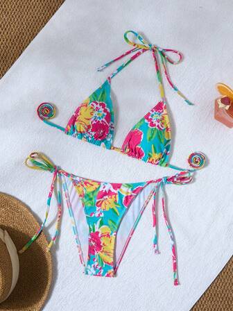 Women's Floral Print Bikini Two Pieces Swimwear, Sweet & Cute Beach Style, Back Tie Neck Cutout Design, Fashionable, Sexy & Elegant, Summer