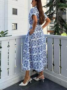 Women Elegant Floral Print Shirt Collar Button Belt Dress