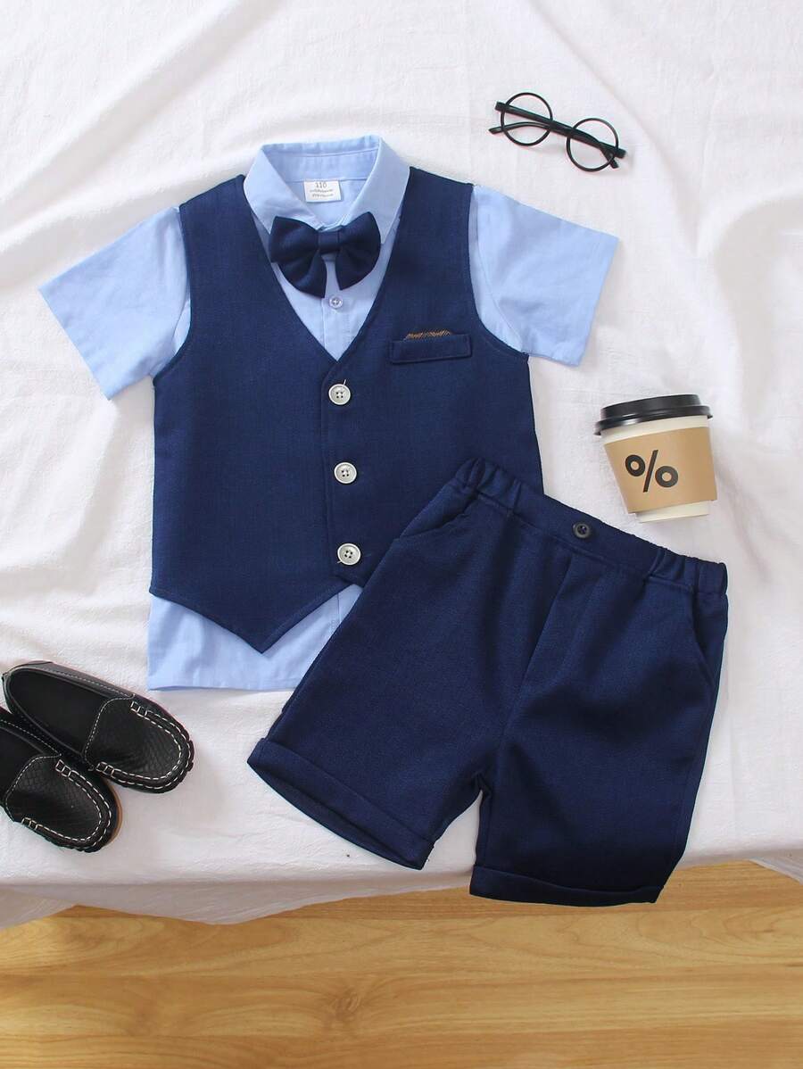 [2025 Frühling & Sommer Baby Jungen Party Outfit] Baby Jungen 3-teiliges Lässig Kurzarm Hemd Set, Formelle Party/Outdoor Auftritt Gentleman Stil, Hemd mit Kragen, Fliege & Weste Design, leicht & atmungsaktiv Kinderformalbekleidung, Frühlings- & Sommer-Party Bekleidung