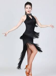Vestido de baile latino para damas, vestido de competición con lentejuelas y flecos, vestido de baile latino asimétrico con flecos, vestido para actuación en el escenario