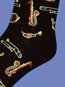1 Pair Of Men's Socks, Novel, Fashionable, Musical Instrument Pattern, Warm Mid Tube Socks - Multicolor - View 4