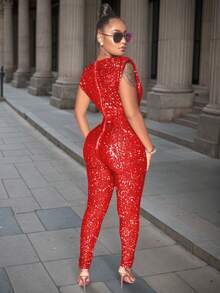 Women's Glamorous Sleeveless Sequins Backless Long Party Jumpsuit With Zipper, High Stretch Fabric For An Alluring Look,Sleeveless Round Neck Sequined Waist Cinching Jumpsuit,Fall Women Clothes ,Winter Jumpsuit Women,Halloween Costume,New Year Clothes
