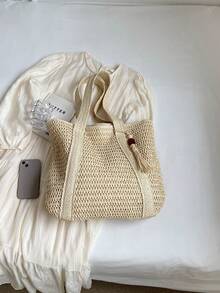 New Fashionable Versatile Tote Bag, Beach Vacation Bag, Lightweight Elegant Woven Design, Bohemian Style Small Shoulder Handbag, Large Capacity, Suitable For Women, University Students, Teenagers, With Tassel Pendant, Boho - Beige - View 12