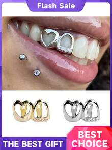 1 Pc 14k Gold Hollow Heart Studded Tooth Gem Personalized Side Tooth Accessory Suitable For Men And Women Everyday Wear, Party & Festival Accessory Grillz For Gift - Multicolor - View 1