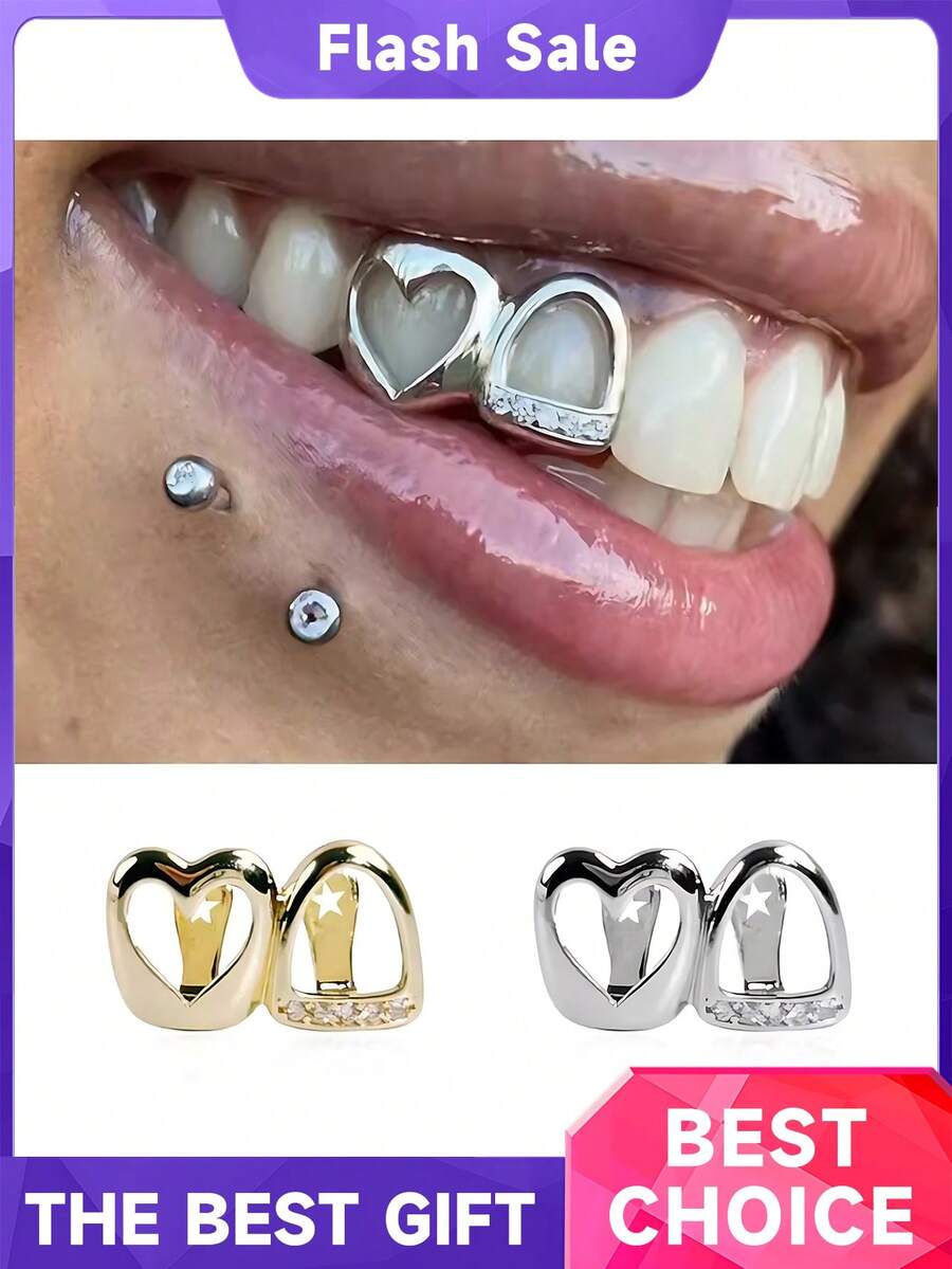 1 Pc 14k Gold Hollow Heart Studded Tooth Gem Personalized Side Tooth Accessory Suitable For Men And Women Everyday Wear, Party & Festival Accessory Grillz For Gift - Multicolor - View 1