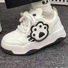 1 par de zapatos con decoración de pata de gato de material de PU, con estilo lindo, cómodos, con cordones, con aumento de altura invisible, adecuados para todas las estaciones, de uso casual al aire libre - Blanco y Negro - Ver 2
