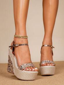Giày sandal cao gót nữ size 33-34, thanh lịch, dự tiệc, phong cách bohemian, đám cưới, gợi cảm, thời trang, có khóa cài, chất liệu đính sequin, quai đeo, đế xuồng dày, thích hợp ngoài trời, mùa hè, cao 14cm, sandal siêu cao gót. - Rượu sâm banh - Xem 4