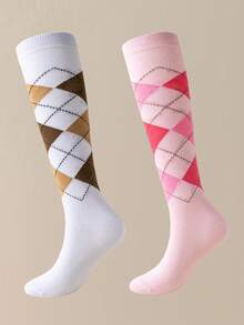 1/2/4 Pairs Of Spring And Autumn Women's Wear European And American Diamond-Plaid Jk Calf Socks, Breathable Sweat Absorption, Suitable For Dating Parties, Cosplay Dress Up Calf Socks, Y2k, Cozy - Multicolor - View 18