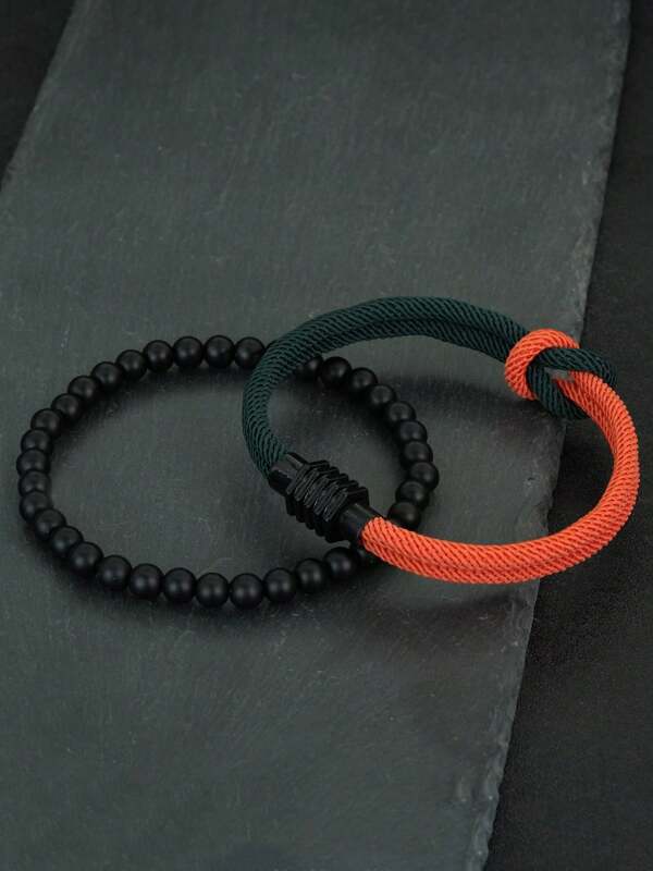 Set da 2 braccialetti da uomo alla moda, bracciale in corda con nodo, fibbia magnetica, colore giallo e rosso