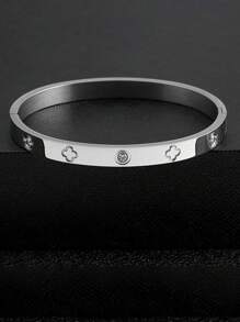 Titanium Steel Non-Fade Bangle Bracelet, Men Four Leaf Clover Cubic Zirconia Bracelet, Designer Jewelry