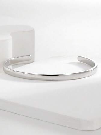 Charm-In 1pc Oval Smooth Silver Cuff Bracelet, Quality Women's Jewelry For Everyday And Party Wear, Gift For Girlfriend