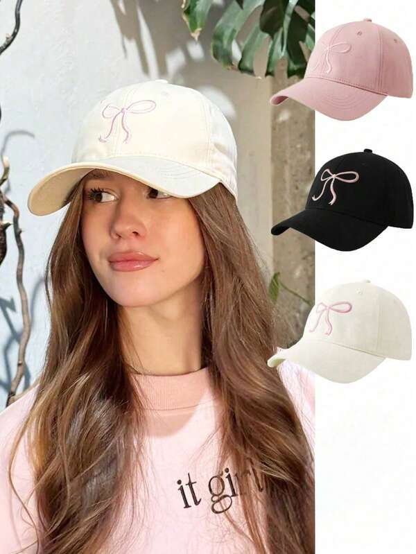 قبعة بيسبول للنساء مطرزة بفيونكة واحدة، قبعة لطيفة وحلوة على طراز إنستقرام، قبعة بساق مرنة وحافة منحنية أنيقة ومتعددة الاستخدامات، توفر حماية من الشمس، مثالية للاستخدام اليومي