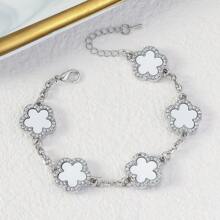 1pc Light Luxury Single-Sided Zirconia Inlaid Stainless Five Leaf Grass Bracelet, For Daily Wear, Dating, Vacation And Other Occasions. Made Of Hypoallergenic Titanium Steel And Popular Jewelry, It Is The Perfect Gift For Girlfriends ﻿