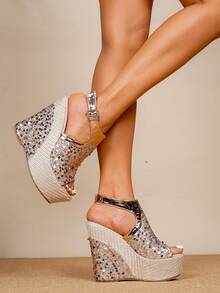 Size 5-6 Elegant Champagne Color, Women's 5.5 Inch Super High Heel Sandals, Sexy Outdoor, Wedding, Party, Open Toe Platform Wedge Sandals, Strap Buckle Design, Sequin Material, Ideal Summer Fashion Choice, Size 9-10 High Heel Sandals - Champagne - View 6