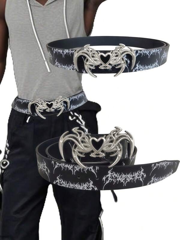 Alien Punk Gothic Rock Band Inspired Double-Breasted Super Cool Dark Motorcycle Street Belt, Casual Bohemian PU Leather Waist Belt, Suitable For All Seasons