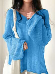 休闲钩针圆领长袖套头衫，简约时尚，适合夏季 - 寶藍色 - 查看 5