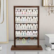 2-Piece Wooden Jewelry Display Set – 40 Removable Hooks & 40 Earring Cards, 5-Tier Stand For Selling Earrings, Necklaces, Bracelets - Brown - View 2