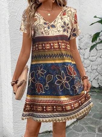 Plus Size Women Bohemian Geometric Print V-Neck Short Sleeve Jumpsuit - Polyester, Machine Washable, Elegant Style