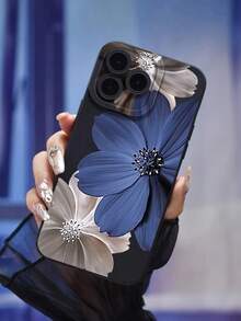 1 件时尚花卉印花穿孔直边黑色烤漆防摔手机壳，兼容 16/11/16pro/16plus/16promax/16e/15Promax/13/14/12/XS/XR/7G/8P，兼容三星、Redmi 10/9/Note9/12c/Note11pro/Note8Pro/9C/9a，防摔手机保护壳