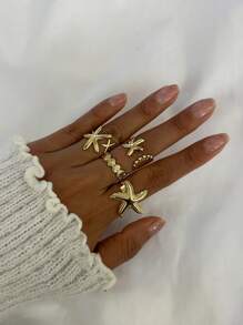 Juego de 8 anillos estilo bohemio ajustables, con diseños exagerados de flores, estrellas de mar y conchas, formas geométricas asimétricas, regalos de joyería ideales para fiestas de verano y vacaciones para mujeres