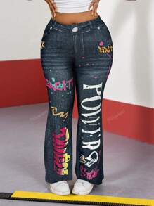 Women Plus Size Colorful Letter Print Denim Effect Pocket Flared Pants