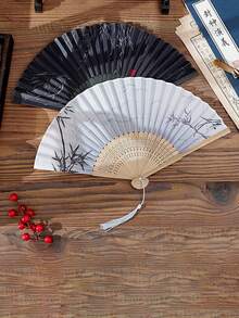1pc Chinese Style Summer Portable Tassel Fan, Folding Fan, Ancient Style Hanfu For Men, Children Dance Small Bamboo Fan