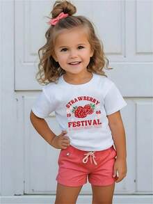 Girls Strawberry Print Round Neck Short Sleeve T-Shirt, Children Casual Tops - White - View 1