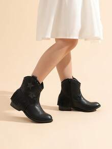 Girls Cowgirl Cowboy Ankle Western Boots Side Zipper Riding Shoes With Tassel Little Kid/Big Kid - Black - View 2