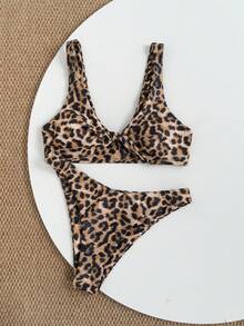 Women's Sweet Solid Color Elegant Sexy Printed Twist Strap Bikini Two Pieces Swimsuit, Beach Vacation Style - Multicolor - View 3