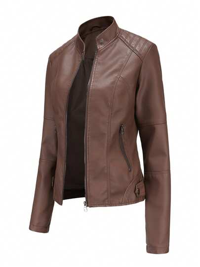 Chaqueta de ajuste delgado para mujer, ropa exterior ligera para primavera y otoño, chaqueta de motociclista con cuello alto
