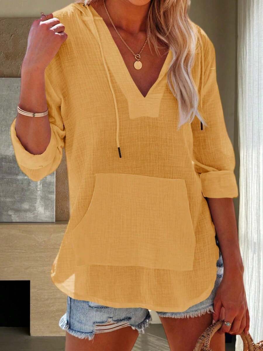 Women's Beach Cover Up Hoodies Sweatshirt Long Sleeve V Neck Pocketed Hooded Shirt Top - 黃色 - 查看 1