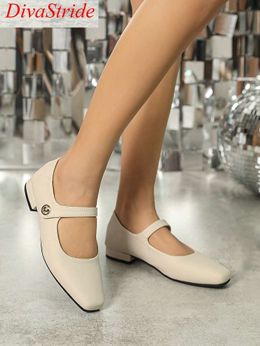 Damen Französisch-Retro Quadratische Spitze Mary Jane Schuhe, Frühling-Herbst Neuer Stil 2025, flache Sohle, breiter Riemen, Großmutters Schuhe - Aprikosenfarben - Übersicht 1