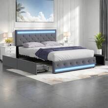Upholstered Bed, Adult Bed, Double Bed, Storage Bed With 4 Drawers, 140 X 200 Cm, 160 X 200 Cm, Youth Bed, Guest Bed, Bed Frame, Linen, Dark Grey (Without Mattress) - 深灰色 - 查看 2